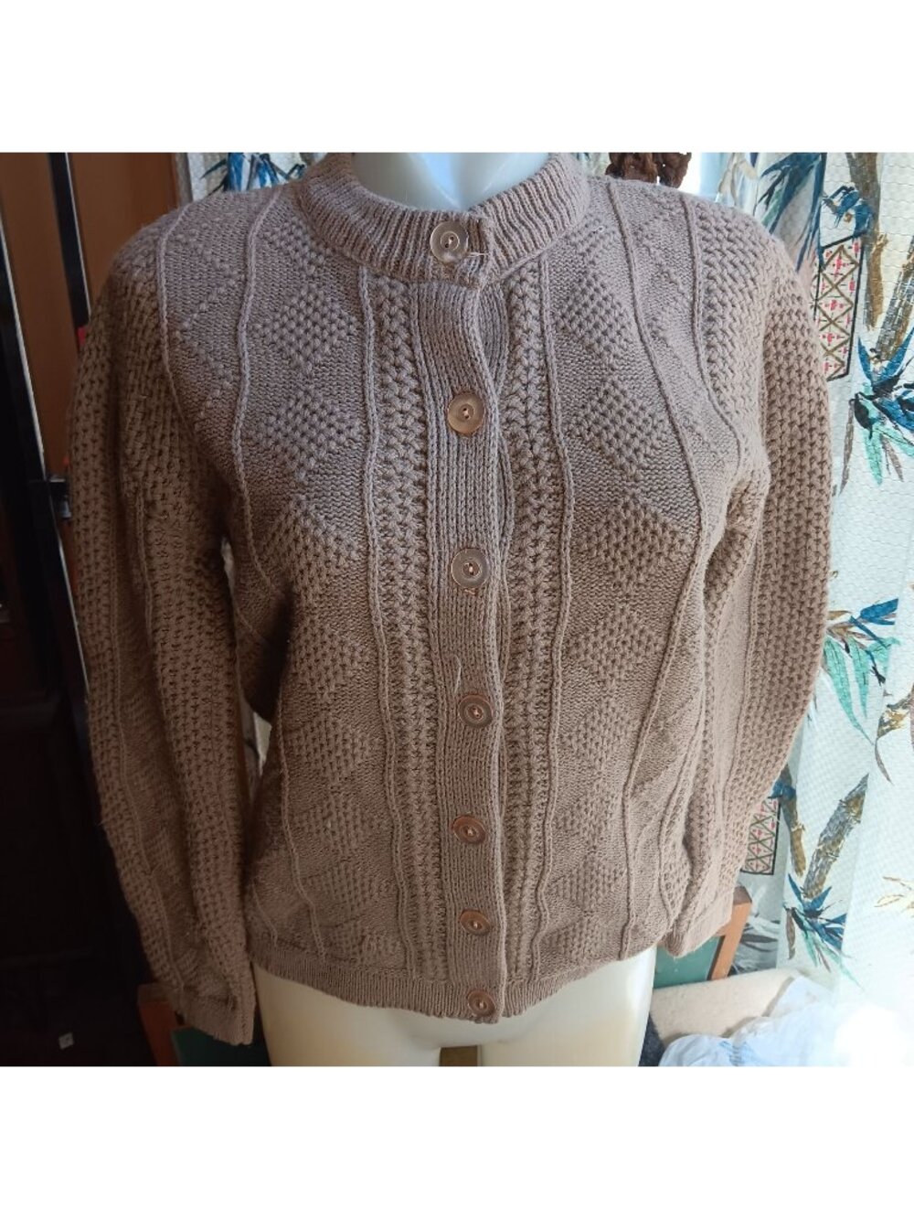True Vintage 1960's Medium Cardigan Sweater Beige Cable Knit Granny Acrylic